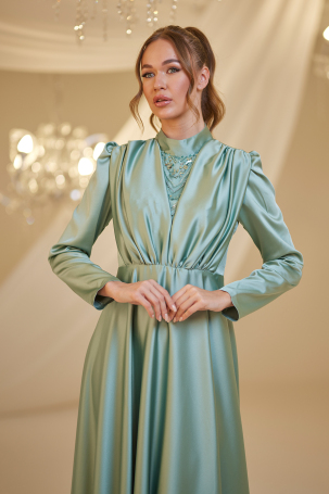 Front Draped Satin Elif Evening Dress - Aqua Green - 3