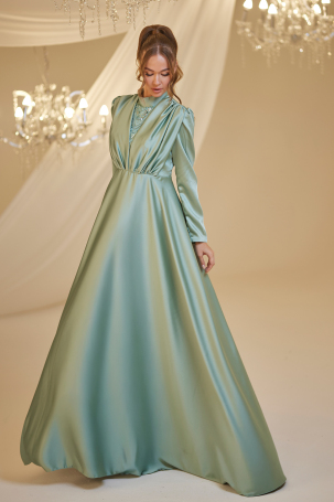 Front Draped Satin Elif Evening Dress - Aqua Green - 4