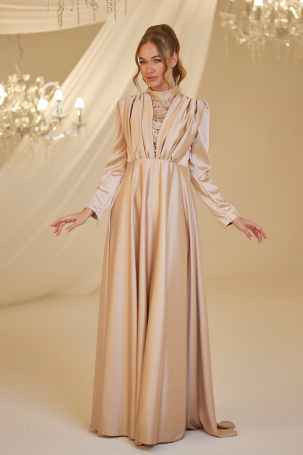 Front Draped Satin Elif Evening Dress - Gold - Burak Baran