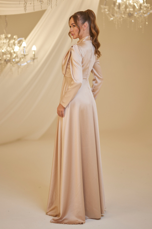Front Draped Satin Elif Evening Dress - Gold - 2