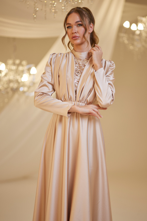 Front Draped Satin Elif Evening Dress - Gold - 3