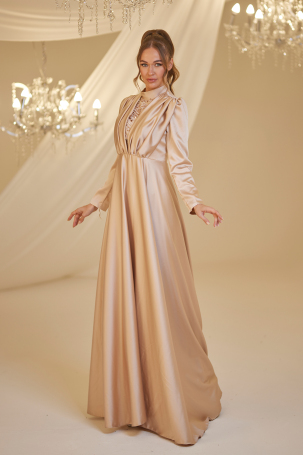 Front Draped Satin Elif Evening Dress - Gold - 4