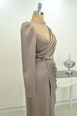 Front Draped Stone Striped Detail Pencil Model Satin Embroidered Evening Dress - Mink - 4