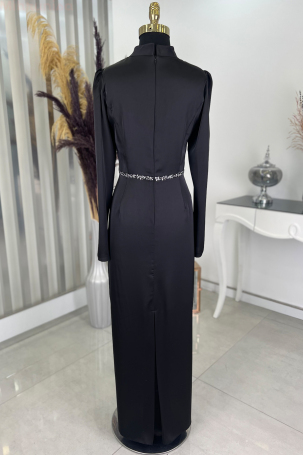 Front Draped Stone Striped Detail Pencil Model Satin Evening Dress - Black - 2
