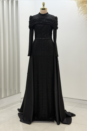 Griselda Evening Dress with Shoulder Drape Detail - Black 