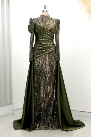 Hailey Evening Dress with Beaded Detail and Train - Khaki - 1