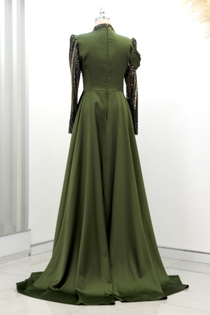 Hailey Evening Dress with Beaded Detail and Train - Khaki - 2