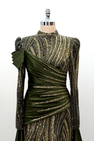 Hailey Evening Dress with Beaded Detail and Train - Khaki - 3