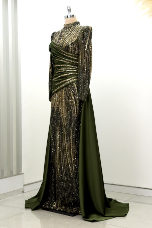 Hailey Evening Dress with Beaded Detail and Train - Khaki - 4