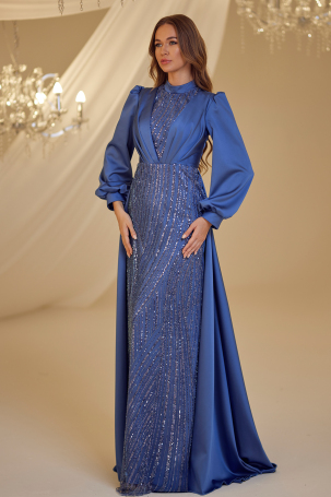 Indigo Satin Evening Dress with Train - Kayra - Burak Baran