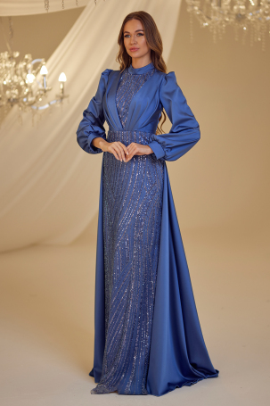 Indigo Satin Evening Dress with Train - Kayra - 2
