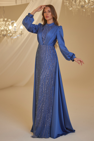 Indigo Satin Evening Dress with Train - Kayra - 4