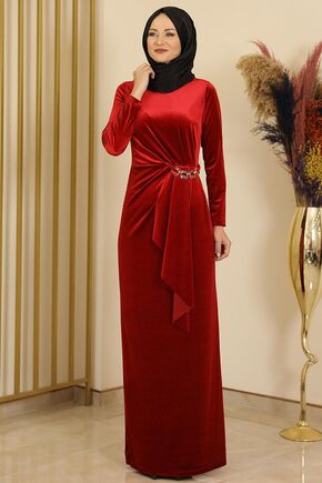 109 - Bordo Taşlı Kadife Elbise - FS16690