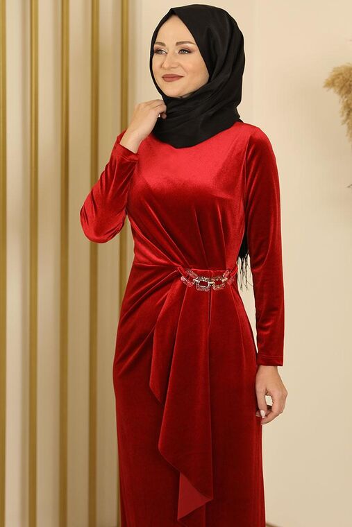 Bordo Taşlı Kadife Elbise - FS16690