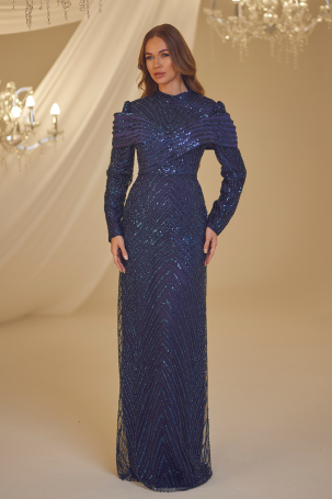 Layered Draped Sude Evening Dress - Navy Blue - Burak Baran