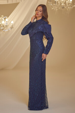 Layered Draped Sude Evening Dress - Navy Blue - 2