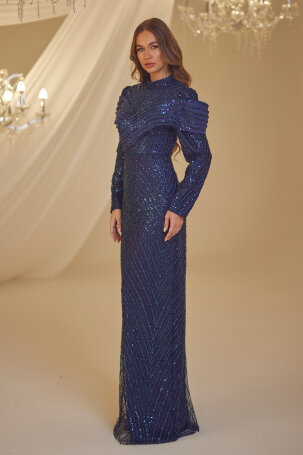 Layered Draped Sude Evening Dress - Navy Blue - 4