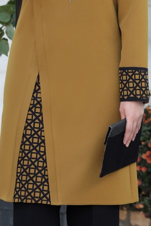 Lazer Detay Krep Kumaş Asya Tunik Pantolon İkili Takım - Yağ Yeşili - Thumbnail