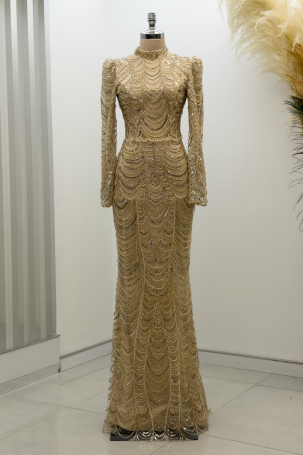 Melinda Evening Dress with Cluster Bead Detail - Gold - 1