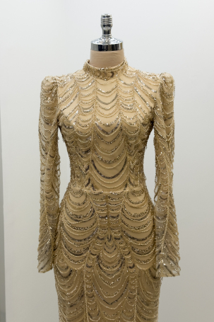Melinda Evening Dress with Cluster Bead Detail - Gold - 3