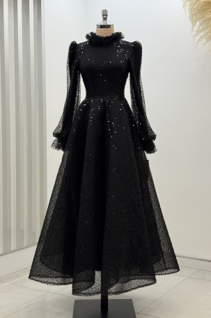 Midi Length Beaded Puffy Larin Evening Dress - Black 