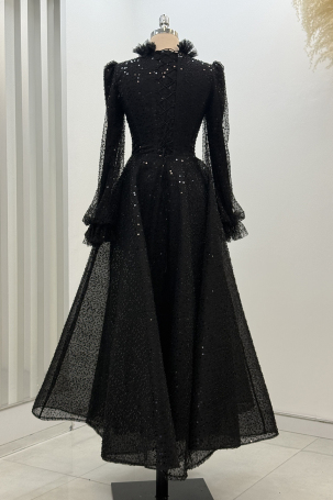 Midi Length Beaded Puffy Larin Evening Dress - Black - 2