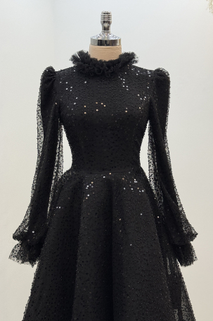 Midi Length Beaded Puffy Larin Evening Dress - Black - 3
