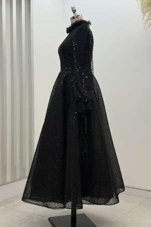 Midi Length Beaded Puffy Larin Evening Dress - Black - 4