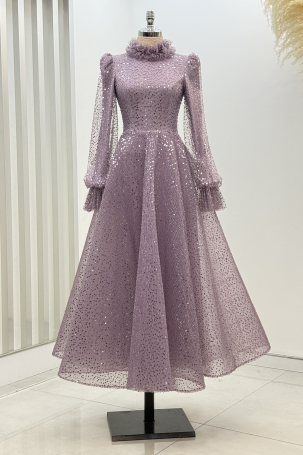 Midi-Length Beaded Puffy Larin Evening Dress - Lilac - Rana Zenn