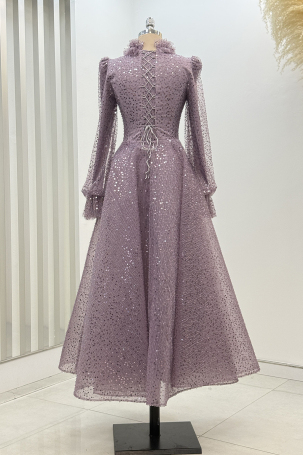 Midi-Length Beaded Puffy Larin Evening Dress - Lilac - 2