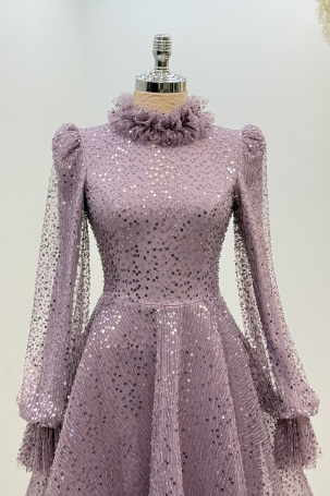 Midi-Length Beaded Puffy Larin Evening Dress - Lilac - 3