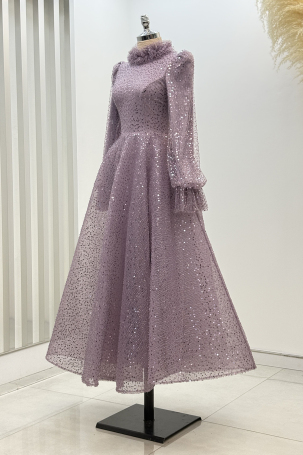 Midi-Length Beaded Puffy Larin Evening Dress - Lilac - 4