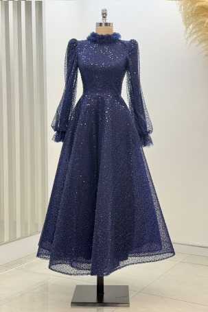 Midi Length Beaded Puffy Larin Evening Dress - Navy Blue - Rana Zenn