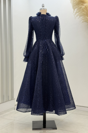 Midi Length Beaded Puffy Larin Evening Dress - Navy Blue - 2