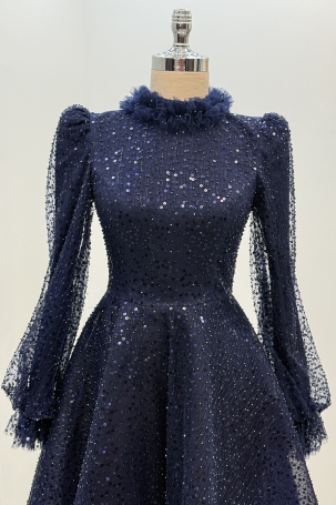 Midi Length Beaded Puffy Larin Evening Dress - Navy Blue - 3