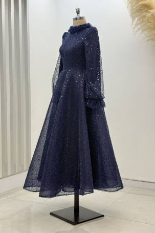 Midi Length Beaded Puffy Larin Evening Dress - Navy Blue - 4
