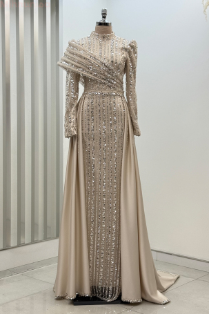 Omuz Detaylı Saten Elegance Abiye - Gold - Rana Zenn