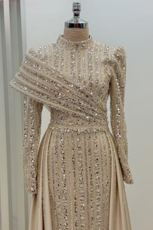 Omuz Detaylı Saten Elegance Abiye - Gold - 2