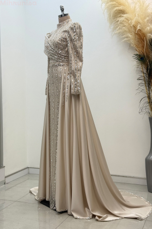 Omuz Detaylı Saten Elegance Abiye - Gold - 3