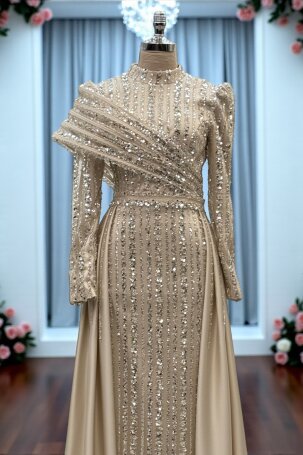 Omuz Detaylı Saten Elegance Abiye - Gold 