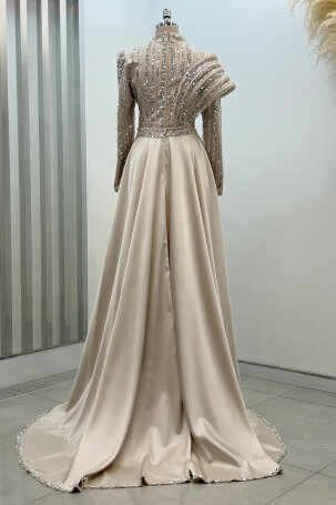 Omuz Detaylı Saten Elegance Abiye - Gold - 3