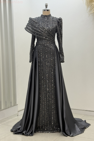 Omuz Detaylı Saten Elegance Abiye - Gri - Rana Zenn
