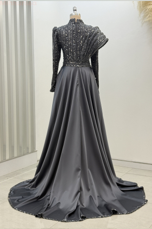 Omuz Detaylı Saten Elegance Abiye - Gri - 2