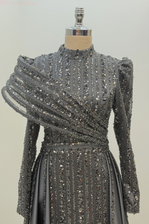 Omuz Detaylı Saten Elegance Abiye - Gri - 3