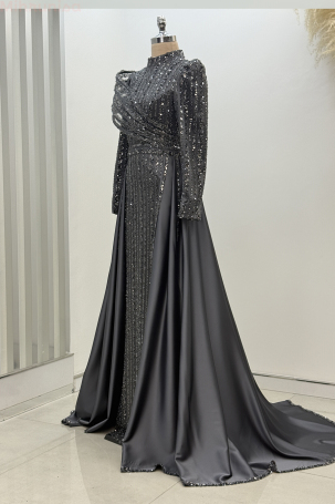 Omuz Detaylı Saten Elegance Abiye - Gri - 4