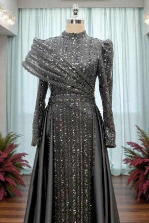 Omuz Detaylı Saten Elegance Abiye - Gri 
