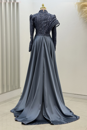 Omuz Detaylı Saten Elegance Abiye - İndigo - 2