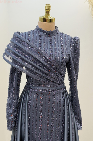 Omuz Detaylı Saten Elegance Abiye - İndigo - 3