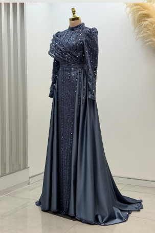 Omuz Detaylı Saten Elegance Abiye - İndigo - 4