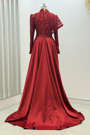 Omuz Detaylı Saten Elegance Abiye - Kırmızı - 2